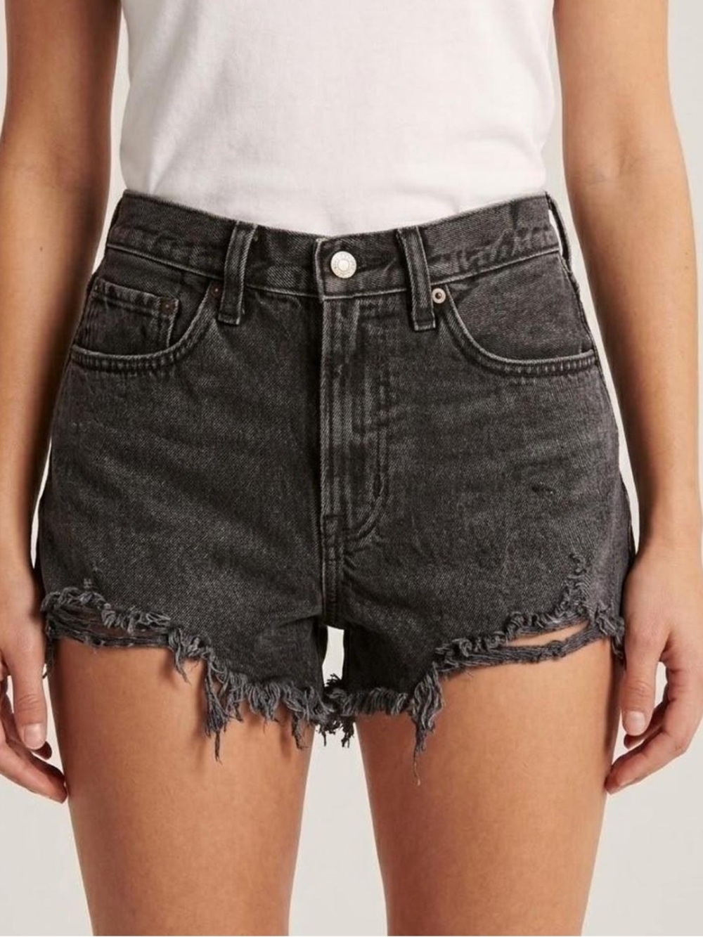 Abercrombie & Fitch Dad Denim Shorts Black Frayed Hem High-Rise